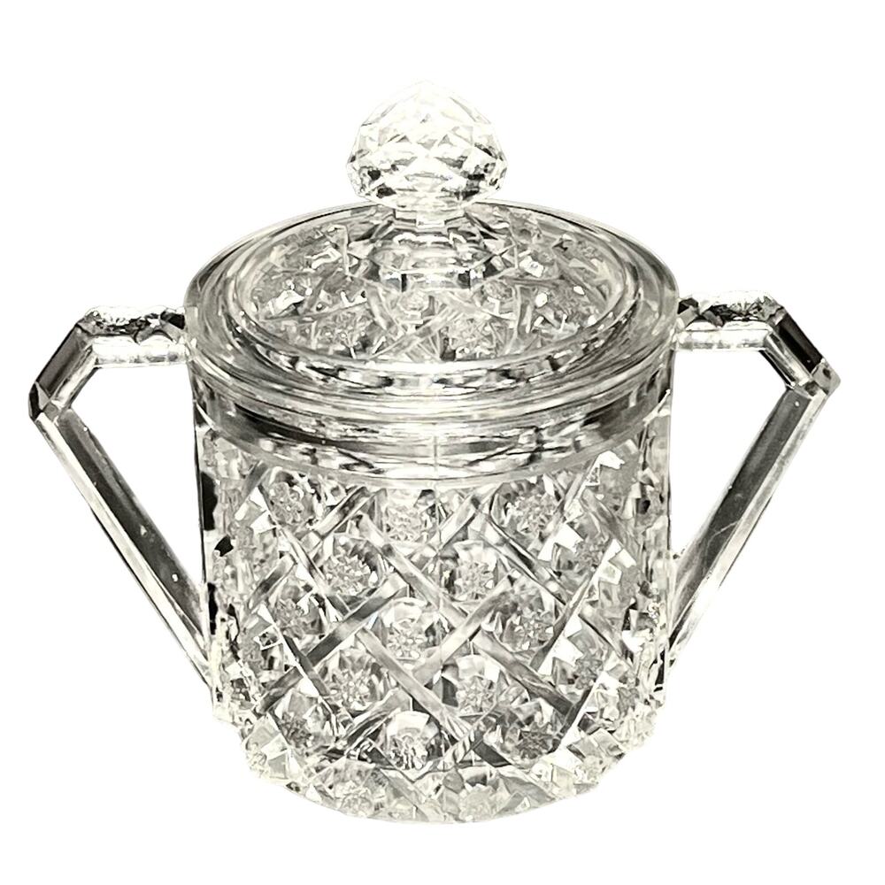 Vintage Cambridge GLASS CRACKER JAR & LID With Handles Covered Cookie Candy Dish